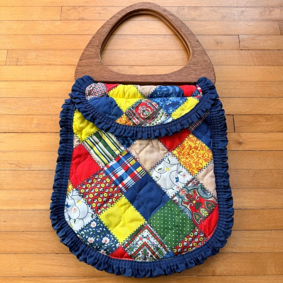 Vintage LARGE PATCHWORK PURSE Bag Wood Wooden Handles 1970s Knitting Needlework - Picture 4 of 6